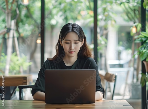 Young asian woman working on laptop in cozy outdoor cafe. Digital nomad and freelancer. Remote work and freelancing. Tourism and travel. Banner, advertisement