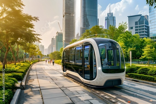 Electric bus driving in ecological city street. Advanced public transportation and eco-friendly urban transport. Smart sustainable city concept. Banner, poster, advertisement 