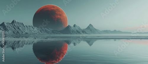 Planet Mars with mountains and water at sunset with a starry sky landscape. Stock photo.