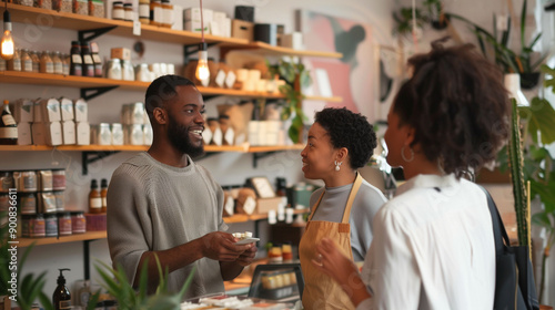 Small business owner engaging with customers in trendy cafe during busy afternoon