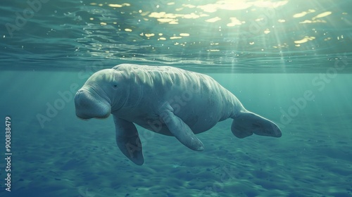 Calm dugong near the ocean surface. Cute marine animal. Rare sea mammal