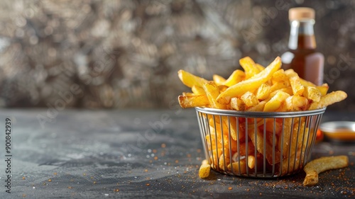 Crispy golden French fries in metallic basket with blurred background, seasoning visible