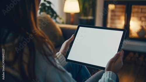 Over shoulder view of a young woman, businesswoman holding a tablet with a white empty blank mockup screen horizontal digital display banner, in a home setting, technology and internet communication, 