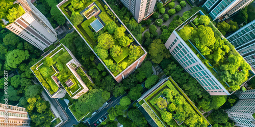 Aerial view of green roofs bringing sustainable living to a modern city