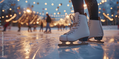 Woman wearing ice skates standing on ice rink surface at night