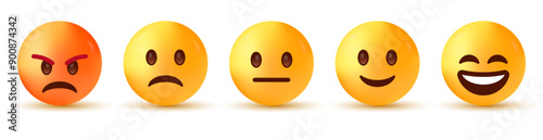 3d feedback emojis emoticons. smile, neutral, angry, emoji. emoticon level scale rating. excellent, good, bad - smiley emoji icon with different five 5 facial expression moods. vector illustration