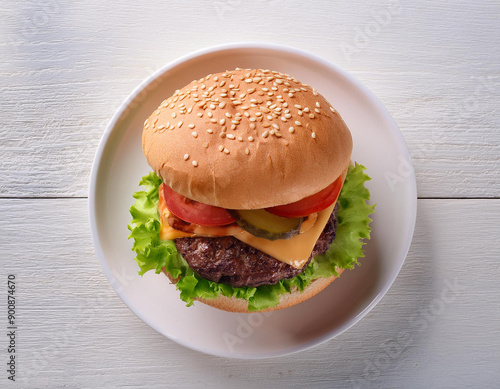 Cheeseburger on a white plate with a juicy patty, melted cheese, a slice of tomato, and fresh lettuce and pickle. Bun is topped with sesame seeds.