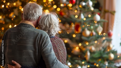 Elderly couple embracing in front of a decorated Christmas tree. Concept of senior love, holiday season, festive celebration, family togetherness