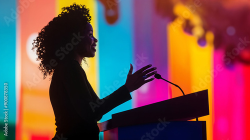 Silhouette of a young African American woman speaking at a podium with her hand raised, colorful background