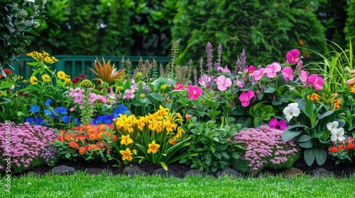 A colorful mix of perennials and annuals blooming in a garden bed, with a variety of shapes and textures creating a vibrant display.