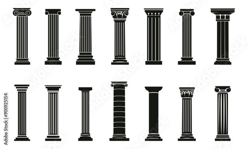 Columns icon set silhouettes. Capital of a medieval cathedral column. Wide range of ancient greek and roman pilasters. Isolated vector clipart collection