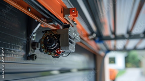 Close-up view of a garage door opener showcasing its mechanical components in a modern home setting.