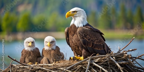 bald eagle in nest with three eaglets Generative AI