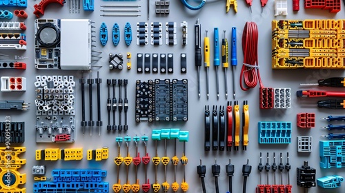 Essential tools for telecommunications work laid out in a flat lay including a network switch keystone jacks and various cables Stock Photo with copy space