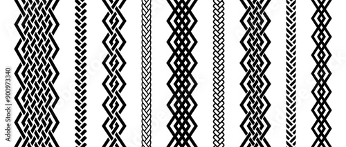 Seamless retro knot border set. Black repeating celtic divider or separator collection. Braid rope ornament motif pattern for banner, poster, frame. weaving design element bundle. Vector pack