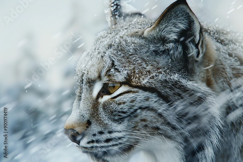 Close-up portrait of a lynx in a snowy winter forest.