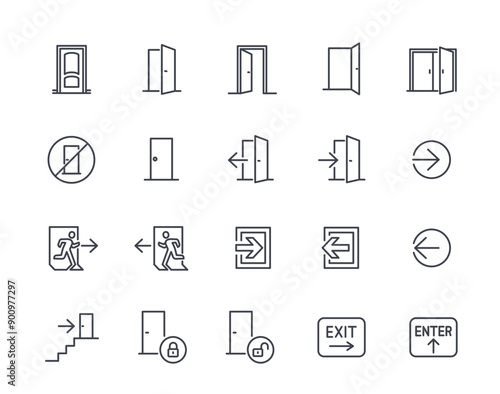 Open door line icon set. Signs with doorway, entrance, exit, closed door, lock. Editable stroke. Design element for application. Outline vector illustration collection Isolated on white background