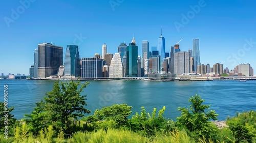 Lower Manhattan Skyline view from Outlook Hill on Governors Island New York City : Generative AI