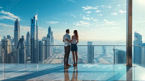 A happy tourist couple on vacation time stands on a balcony and enjoys the panoramic view of the Dubai city skyline UAE : Generative AI