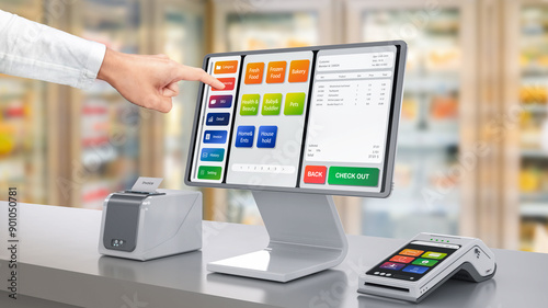 Touch screen point of sale system or cash register machine on desk with finger point