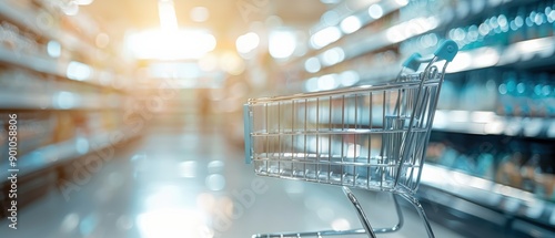 A close-up of an empty shopping cart in a bright grocery store aisle, showcasing modern retail shopping ambiance.