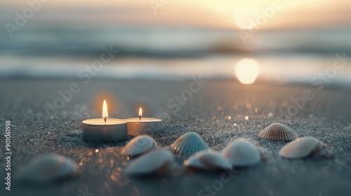 Romantic candlelight on the beach, seashells lying on the sand, and the sun is setting.