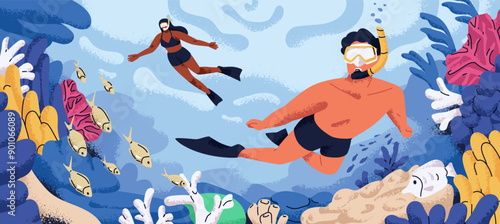 Snorkeling and diving underwater. Tourists couple, divers with oxygen masks, goggles and tube, swimming under water, exploring marine coral reef, seabed, bottom nature. Flat vector illustration