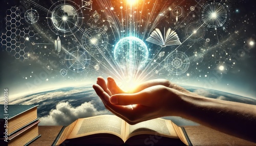 Hand Holding Glowing Earth Globe with Abstract Patterns and Open Book - Knowledge, Wisdom and Enlightenment Concept.