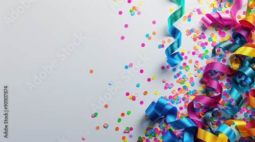 Colorful party streamers and confetti on a white background. Festive celebration concept with vibrant and cheerful decoration elements.