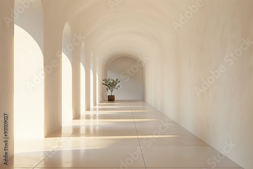 Minimalist white corridor with arches, smooth plaster walls, sun rays creating long shadows and highlights on the walls, plant in a vase at the end of the hallway. 