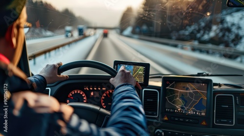 Truck driver is using a gps navigation system while driving on a highway in winter conditions. The sun is setting in the background, creating a warm glow