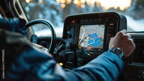 Delivery driver is using a gps navigation system while driving a truck in winter conditions, ensuring a timely and efficient delivery