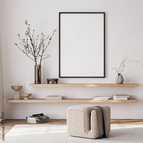 Frame mockup, ISO A paper size. Living room wall poster mockup. Interior mockup with house background. Modern interior design. 3D render