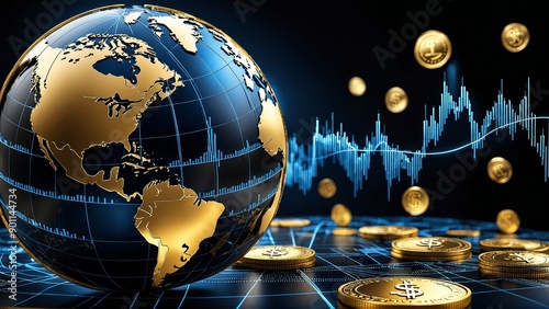 An abstract representation of the global economy, with floating golden coins, dollar bills, and financial graphs against a dark background. 