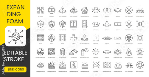 Properties of polyurethane foam and places of application, set of vector line icons with editable stroke, Adhesion and Water resistance, Wall protection and Roof, Mounting foam and Frost resistance