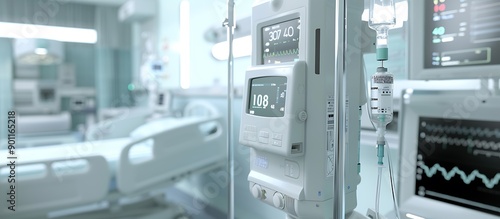 A detailed shot of a smart infusion pump administering medication accurately and safely in a hospital room.