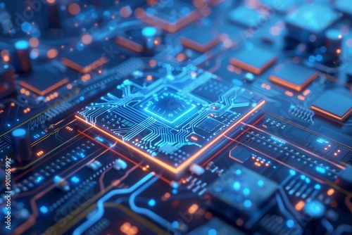 Close up of a blue microchip on a circuit board illustrating the complexity and intricacies of advanced microelectronics in a high tech digital environment