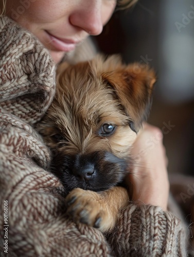 Woman caring for and snuggling with Border Terrier pup in household setting.