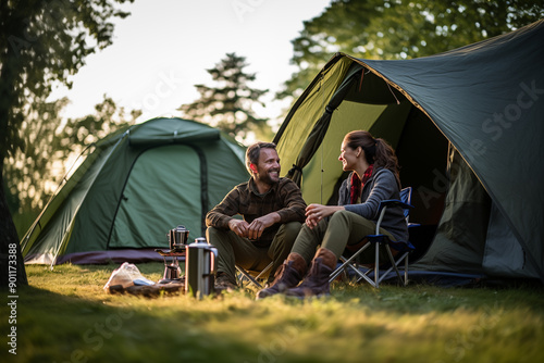 Young couple at outdoors inside a camping tent