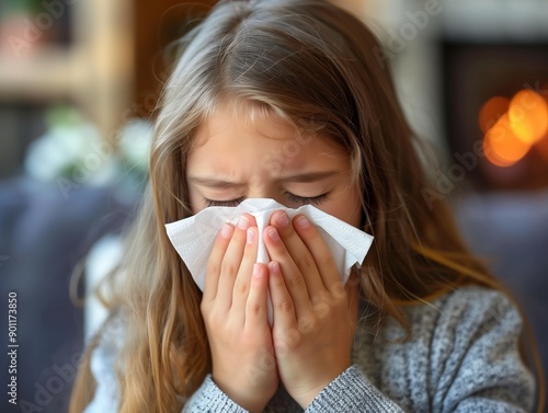 Young Caucasian Girl Blowing Nose with Tissue