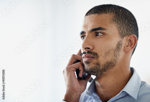 Business man, listening and phone call with thinking, ideas or decision for offer, opportunity or suspicious contact. Worker on mobile with serious, contemplation or choice for risk or investment