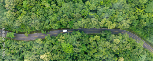 Aerial view of car in green forest. eco-friendly transport. Clean and greenhouse-free green transport concept in electric drive mode.