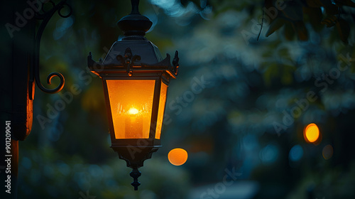 Close up of ornate vintage streetlight in twilight sky. Park lamp having cloudy background. Blue sky. 