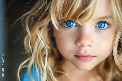 A little girl with blue eyes looking at the camera.