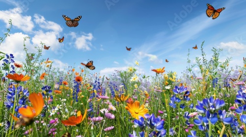 A wildflower meadow in full bloom with a variety of colorful flowers, a clear blue sky above, and butterflies and bees buzzing around, creating a vibrant and cheerful natural scene perfect for a