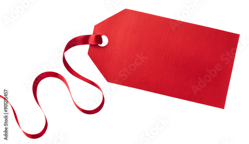 Red gift tag with red ribbon isolated on white