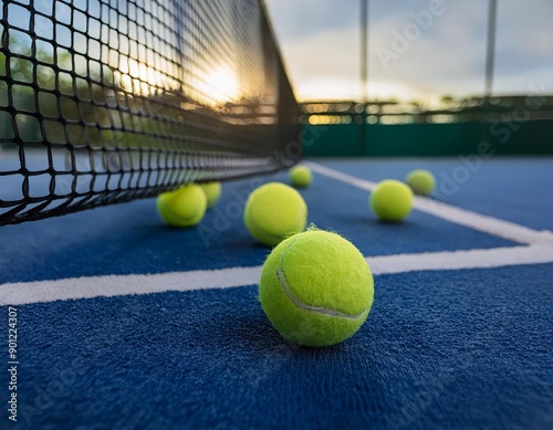  Padel ball in mid-air, captured during a serve with the court and net visible on the blue padel tennis court