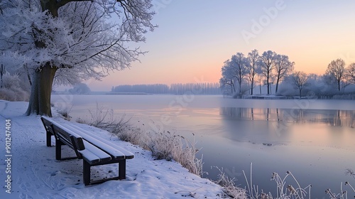 A serene winter scene with a bench overlooking a tranquil lake. The trees are dusted with snow and the sky is a soft pastel pink and blue.