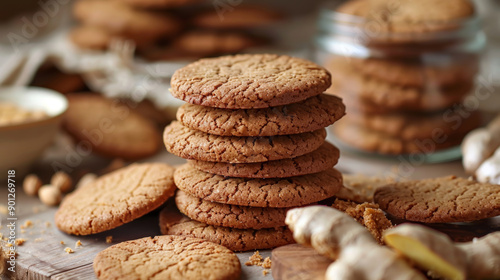 Delicious ginger biscuits with ginger on wooden table, closeup