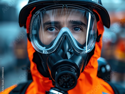 Epic shot of a firefighter wearing a self-contained breathing apparatus SCBA, highlighting the importance of PPE for safety and effectiveness